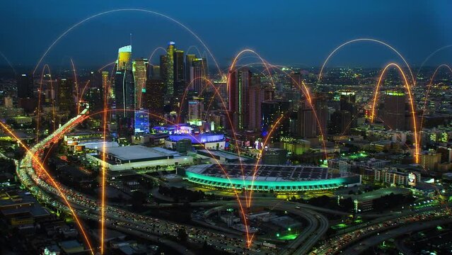 Holographic Arches over Futuristic Aerial View of Los Angeles Connected By Orange Lines. Representing Concepts as: Smart City, IOT, AI, Cloud Computing, Wireless Technology. Shot In 8K.