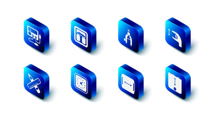 Set Bathroom scales, Drawing compass, Approximate measurements, Depth, Area, Clock, Crossed ruler and pencil and Multimeter, voltmeter icon. Vector