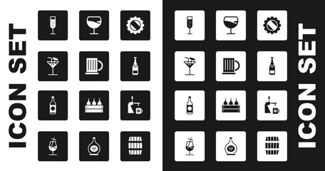 Set Bottle cap, Wooden beer mug, Cocktail, Glass of champagne, Champagne bottle, Wine glass, Beer tap with and icon. Vector