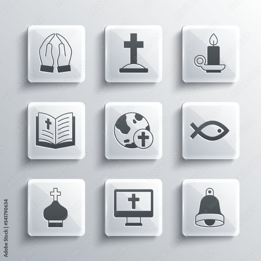 Canvas Prints Set Christian cross on monitor, Church bell, fish symbol, with globe, church tower, Holy bible book, Hands in praying position and Burning candle candlestick icon. Vector