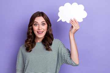 Photo of crazy surprised curly hair businesswoman wear striped stylish shirt genius mind hold paper bubbl cloud isolated on violet color background