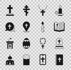 Set Holy bible book, Grave with tombstone, Christian cross chain, Location church building, and Burning candle icon. Vector
