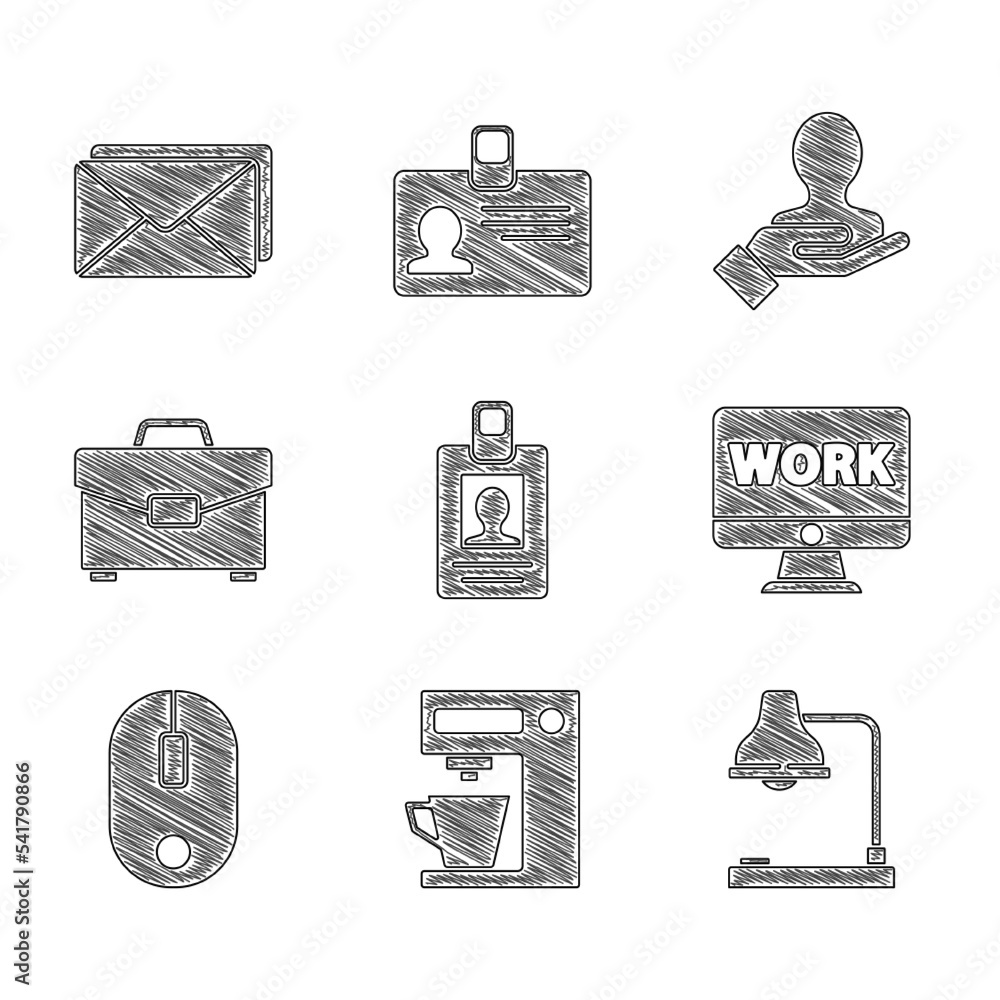 Poster set identification badge, coffee machine, table lamp, monitor with text work, computer mouse, briefc