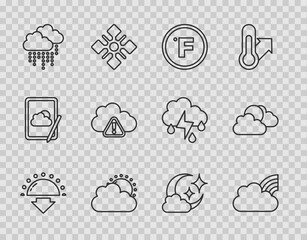 Set line Sunset, Rainbow with clouds, Fahrenheit, and weather, Cloud rain, Storm warning, moon and icon. Vector