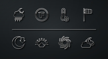 Set line Cloud with rain and moon, Moon, Cone windsock wind vane, Tornado, Sunrise, Fahrenheit, and Meteorology thermometer icon. Vector - obrazy, fototapety, plakaty
