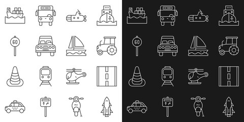 Set line Rocket ship with fire, Road, Tractor, Submarine, Car, Speed limit traffic, Cargo boxes and Yacht sailboat icon. Vector