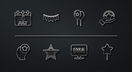 Set line Calendar with date July 4, USA Head, Independence day, Carnival garland flags, Balloon and Balloons icon. Vector