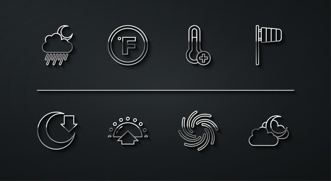 Set line Cloud with rain and moon, Moon, Cone windsock wind vane, Tornado, Sunrise, Fahrenheit, and Meteorology thermometer icon. Vector