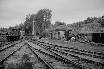 Durham UK: 7th June 2022: Tanfield Railway Station train tracks in black and white