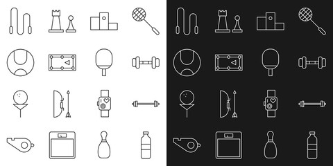 Set line Bottle of water, Barbell, Dumbbell, Award over sports winner podium, Billiard table, Tennis ball, Jump rope and Racket for playing tennis icon. Vector