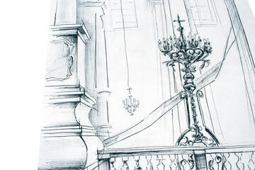 Hand drawn church interior fragment. Candles, lamps, braces, windows, column's sketch. Pen drawing artwork.