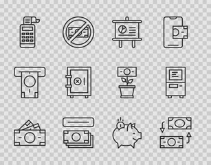 Set line Stacks paper money cash, Money exchange, Chalkboard with diagram, ATM and, Cash register machine, Safe, Piggy bank coin and icon. Vector