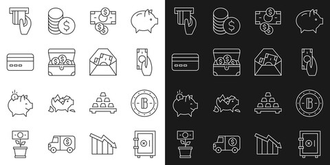 Set line Safe, Bitcoin, Fast payments, Stacks paper money cash, Treasure chest, Credit card, inserted and Envelope with dollar symbol icon. Vector