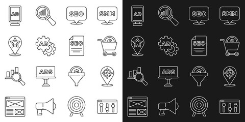 Set line Browser setting, Target sport, Shopping cart and dollar, SEO optimization, Advertising, Map pointer with star, and icon. Vector