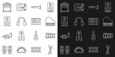 Set line Drum sticks, Xylophone, Grand piano, Clarinet, Headphones, Stereo speaker, Guitar amplifier and icon. Vector