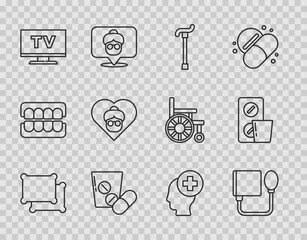 Set line Pillow, Blood pressure, Walking stick cane, Medicine pill or tablet, Smart Tv, Grandmother, Male head with hospital and Pills blister pack icon. Vector