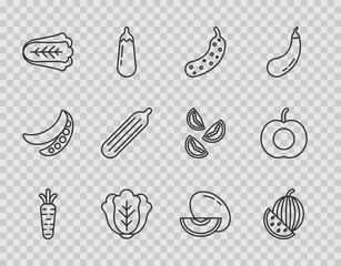 Set line Carrot, Watermelon, Fresh cucumber, Cabbage, Melon fruit and Peach icon. Vector