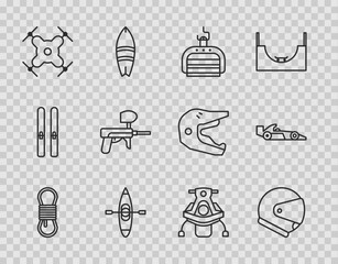Set line Climber rope, Helmet, Ski lift, Kayak or canoe, Drone flying, Paintball gun, Snowmobile and Formula 1 racing car icon. Vector