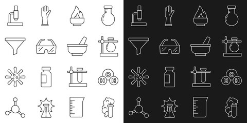 Set line Chemical explosion, formula for H2O, Test tube flask stand, Alcohol spirit burner, Safety goggle glasses, Funnel filter, Microscope and Mortar pestle icon. Vector