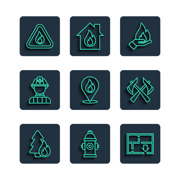 Set line Burning forest tree, Fire hydrant, Evacuation plan, Hand holding fire, Location with flame, Firefighter, triangle and axe icon. Vector