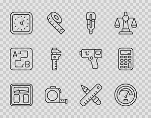 Fototapeta na wymiar Set line Bathroom scales, Speedometer, Medical thermometer, Roulette construction, Clock, Calliper or caliper and, Crossed ruler pencil and Calculator icon. Vector