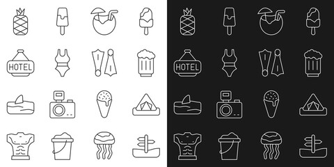 Set line Road traffic sign, Tourist tent, Wooden beer mug, Coconut cocktail, Swimsuit, Signboard with text Hotel, Pineapple and Rubber flippers for swimming icon. Vector