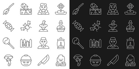 Set line Tombstone with RIP written, Camping lantern, Bottle potion, Vampire, Flying bat, Candy, Witches broom and icon. Vector
