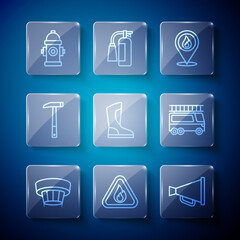 Set line Smoke alarm system, Fire flame in triangle, Megaphone, Location with fire, boots, Firefighter axe, hydrant and truck icon. Vector
