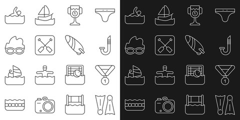Set line Flippers for swimming, Medal, Snorkel, Award cup, Paddle, Glasses, Swimmer and Surfboard icon. Vector