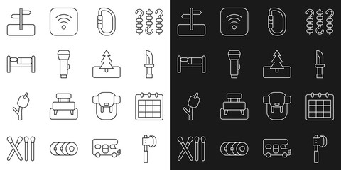 Set line Wooden axe, Calendar, Knife, Carabiner, Flashlight, Bed, Road traffic sign and Tree icon. Vector