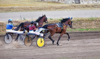 Women jockeys warm up their chariot horses on a summer day at the hippodrome.