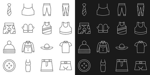 Naklejka premium Set line Men underpants, Polo shirt, Female crop top, Pants, Christmas mittens, Swimming trunks, Tie and Undershirt icon. Vector