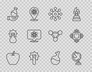 Set line Apple, Earth globe, Virus, Explosion in the flask, Test tube, Atom, and Processor CPU icon. Vector