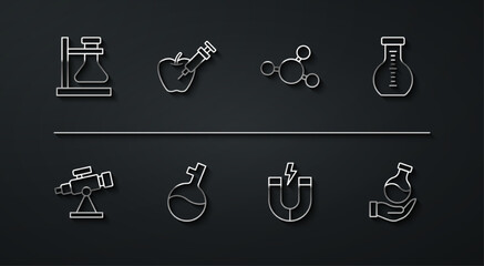 Set line Test tube flask on stand, Telescope, Magnet, Genetically modified apple, and Molecule icon. Vector