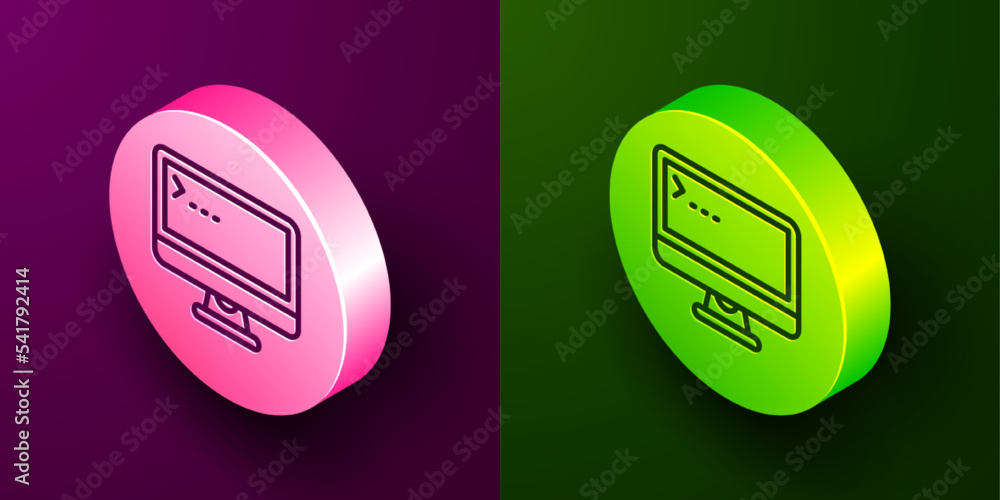 Aufkleber isometric line computer monitor screen icon isolated on purple and green background. electronic devi