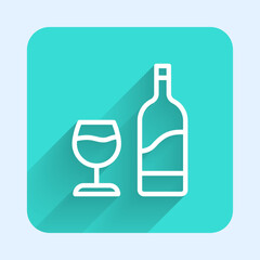 White line Wine bottle with glass icon isolated with long shadow. Green square button. Vector