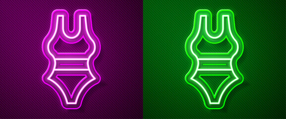 Glowing neon line Swimsuit icon isolated on purple and green background. Vector