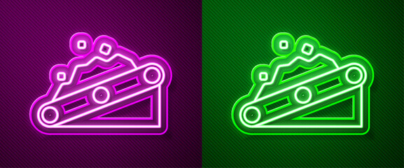 Glowing neon line Conveyor belt carrying coal icon isolated on purple and green background. Vector