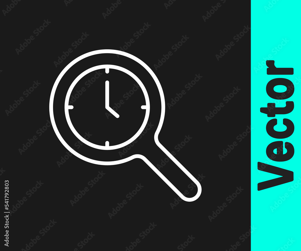 Poster white line magnifying glass with clock icon isolated on black background. clock search. vector