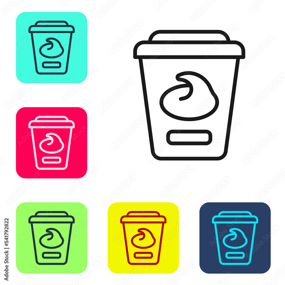 Poster black line yogurt container icon isolated on white background. yogurt in plastic cup. set icons in c