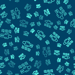 Obraz premium Green line Resume icon isolated seamless pattern on blue background. CV application. Searching professional staff. Analyzing personnel resume. Vector