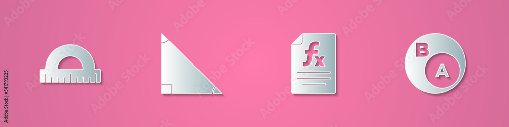 Poster set paper cut protractor, triangle math, function mathematical symbol and subsets, is subset of icon