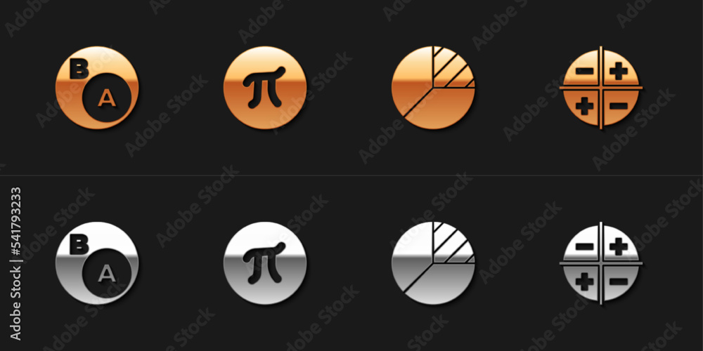 Poster set subsets, math, a is subset of b, pi symbol, pie chart infographic and xyz coordinate system icon