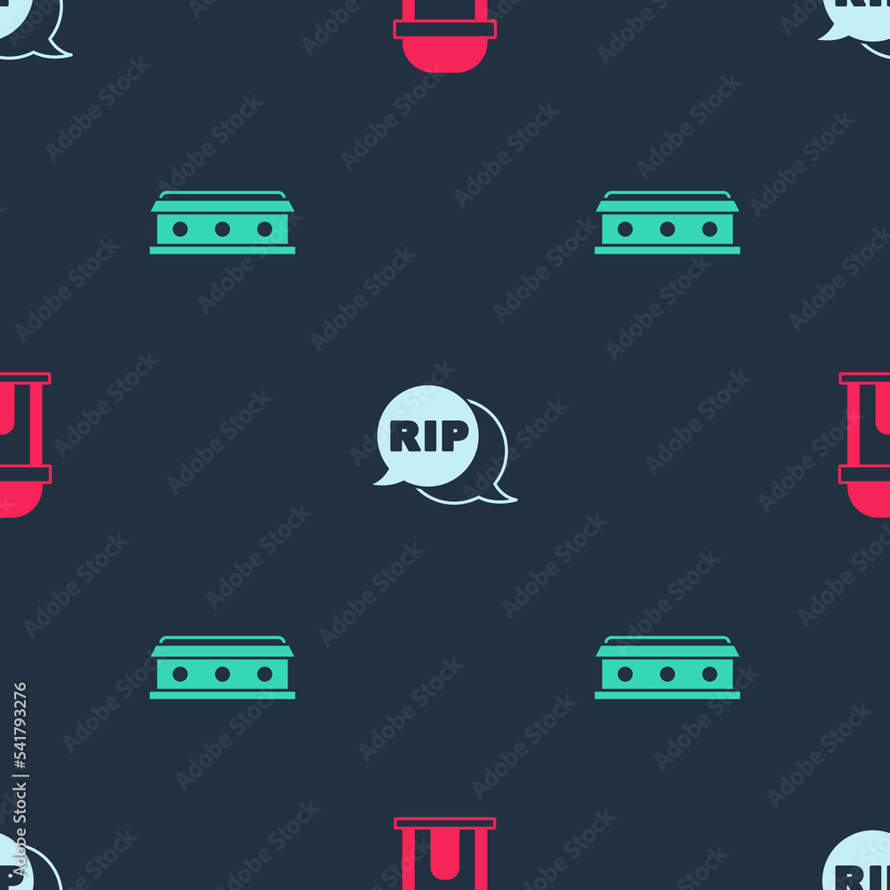 Poster set old crypt, speech bubble rip death and coffin with cross on seamless pattern. vector