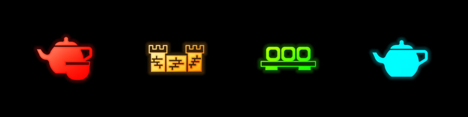 Set Chinese tea ceremony, Great wall of China, Sushi cutting board and icon. Vector