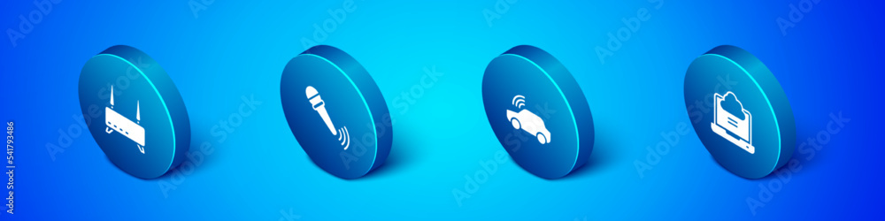 Poster set isometric router and wi-fi signal, smart car system, network cloud connection and wireless micro