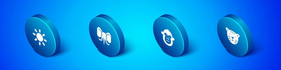 Set Isometric Sun, Monkey, Tiger head and Elephant icon. Vector