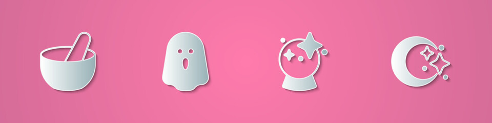 Set paper cut Witch cauldron, Ghost, Magic ball and Moon and stars icon. Paper art style. Vector