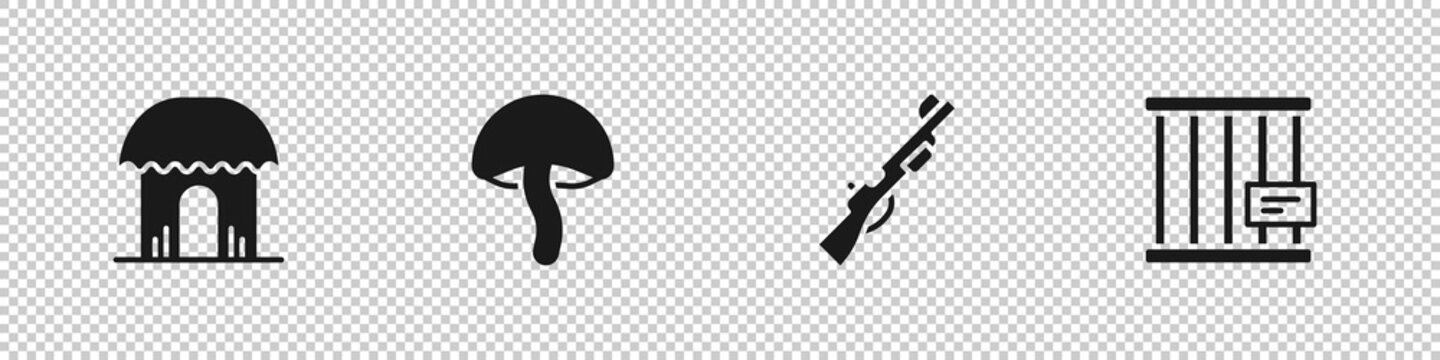 Set African Hut, Mushroom, Hunting Gun And Animal Cage Icon. Vector