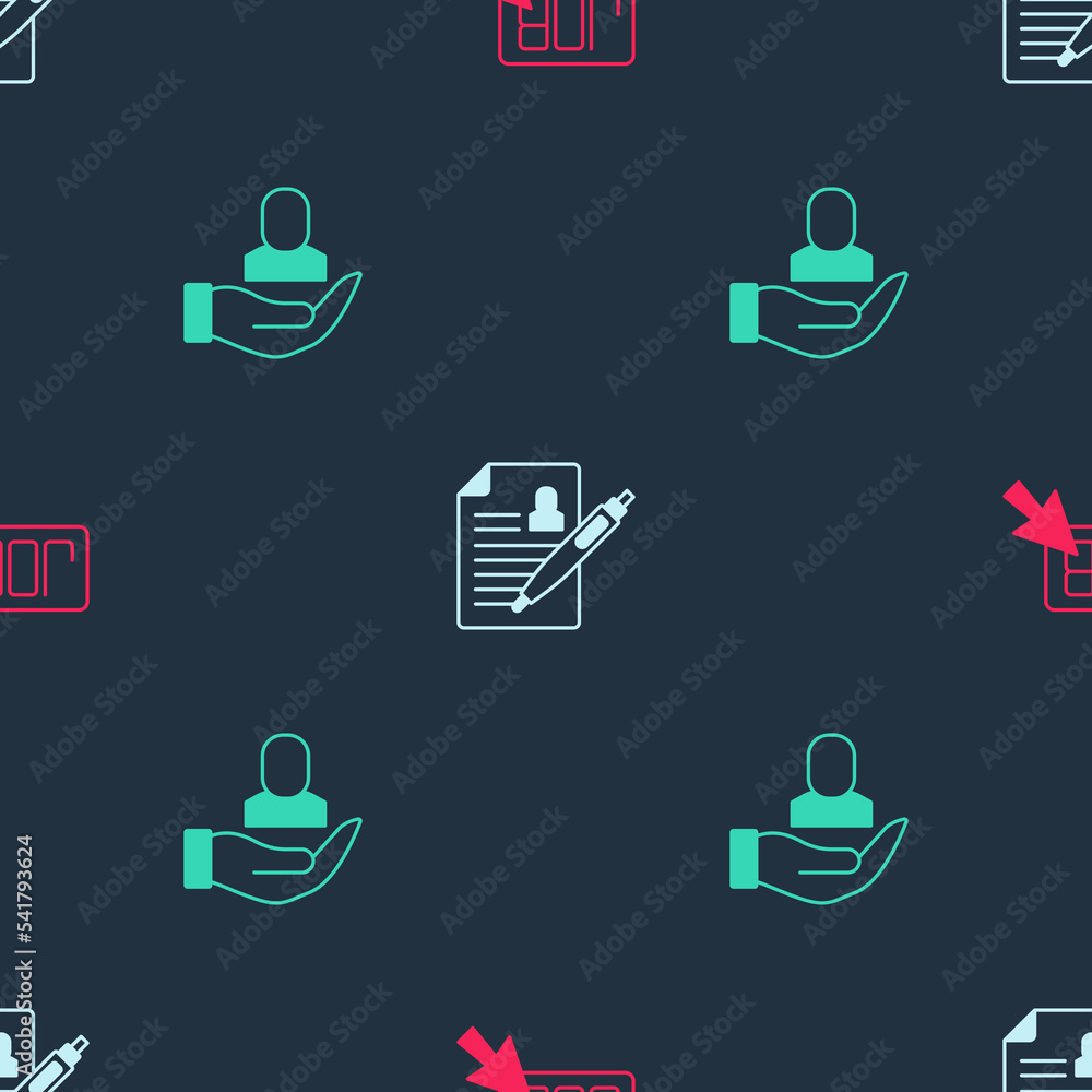 Poster set search job, resume and worker on seamless pattern. vector